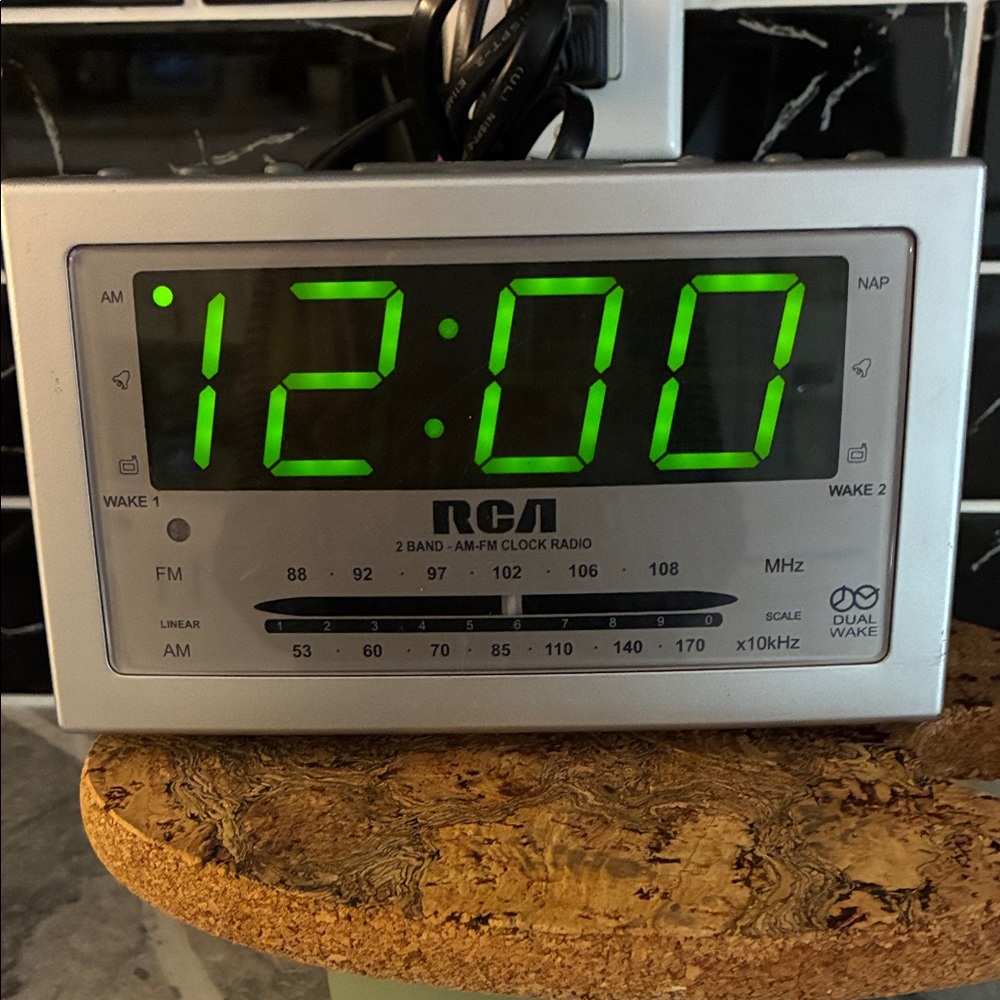 RCA Silver Digital Alarm Clock Radio with Green LED Display